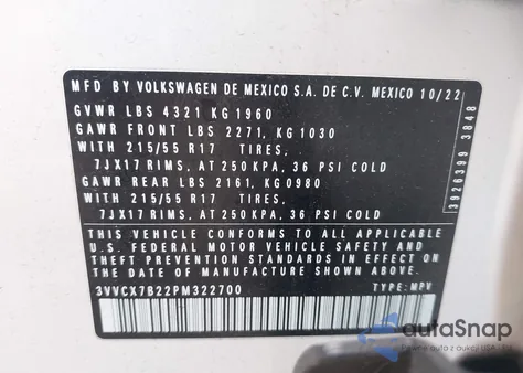 2023 Volkswagen Taos 1.5T S из США, поврежденный, VIN 3VVCX7B22PM322700